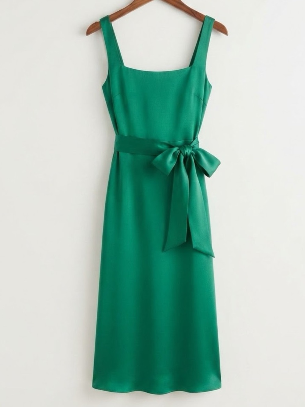New High-End 100% Silk Sleeveless Square-Neck Green Midi Dress with Waist Tie